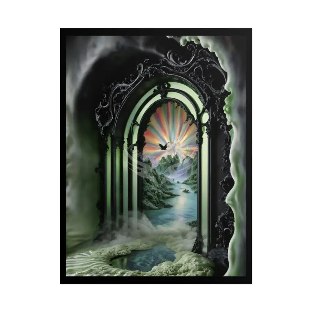 Surreal 3D Elemental Ribbon Portal Poster — Funky Balconies & Doors to Other Dimensions - Green 18″ x 24″ (Vertical)