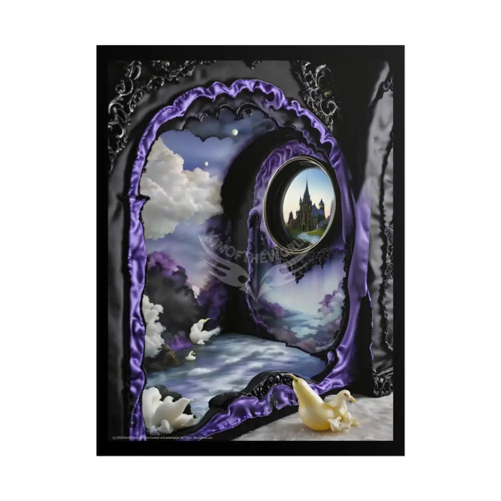 Surreal 3D Elemental Ribbon Portal Poster — Funky Balconies & Doors to Other Dimensions - Purple 18″ x 24″ (Vertical)