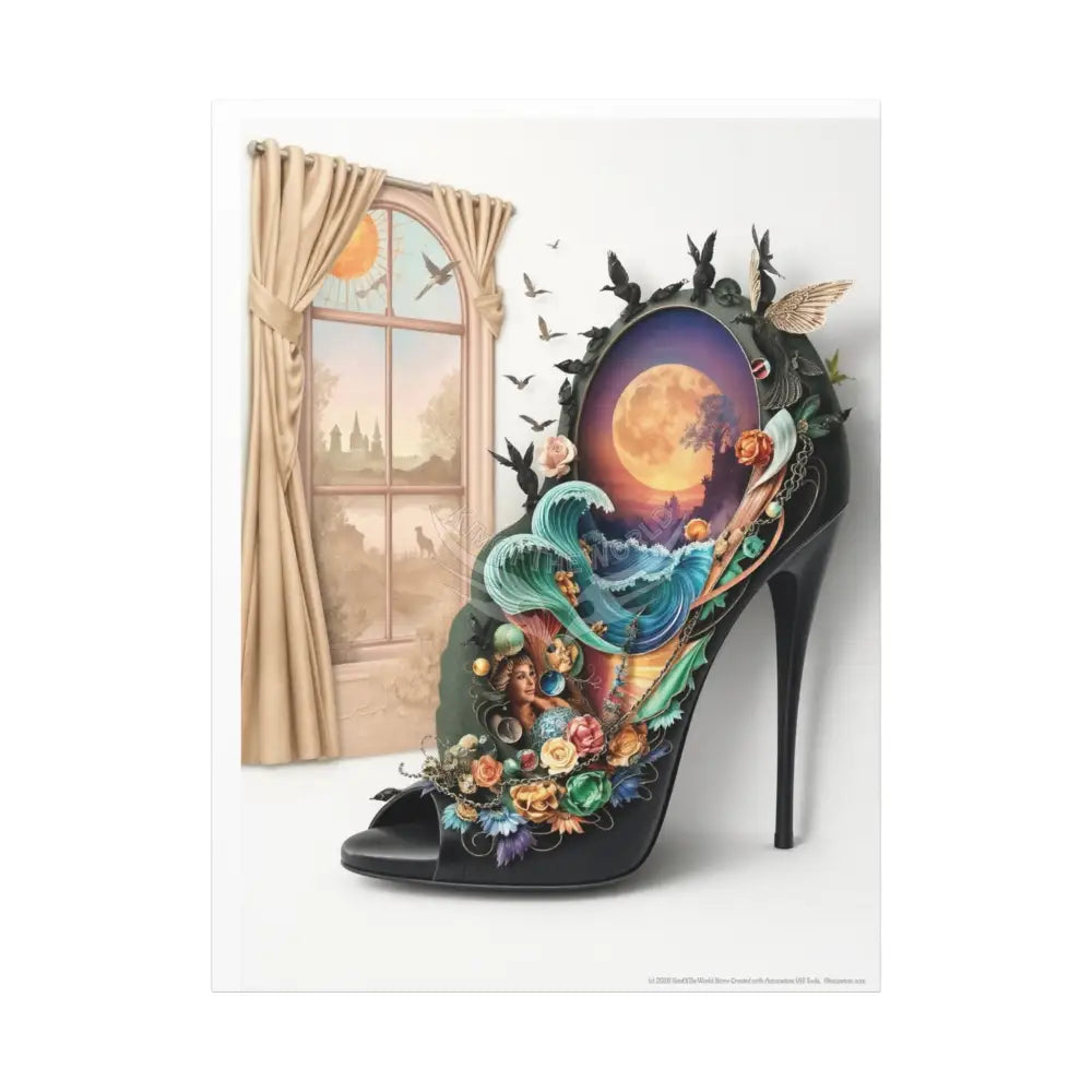 Surreal 3D Magic Stiletto Dimensional Cats Canvas Art — 3D Portal Shoe Lover’s Wall Decor 36’’ x 48’’ (Vertical)