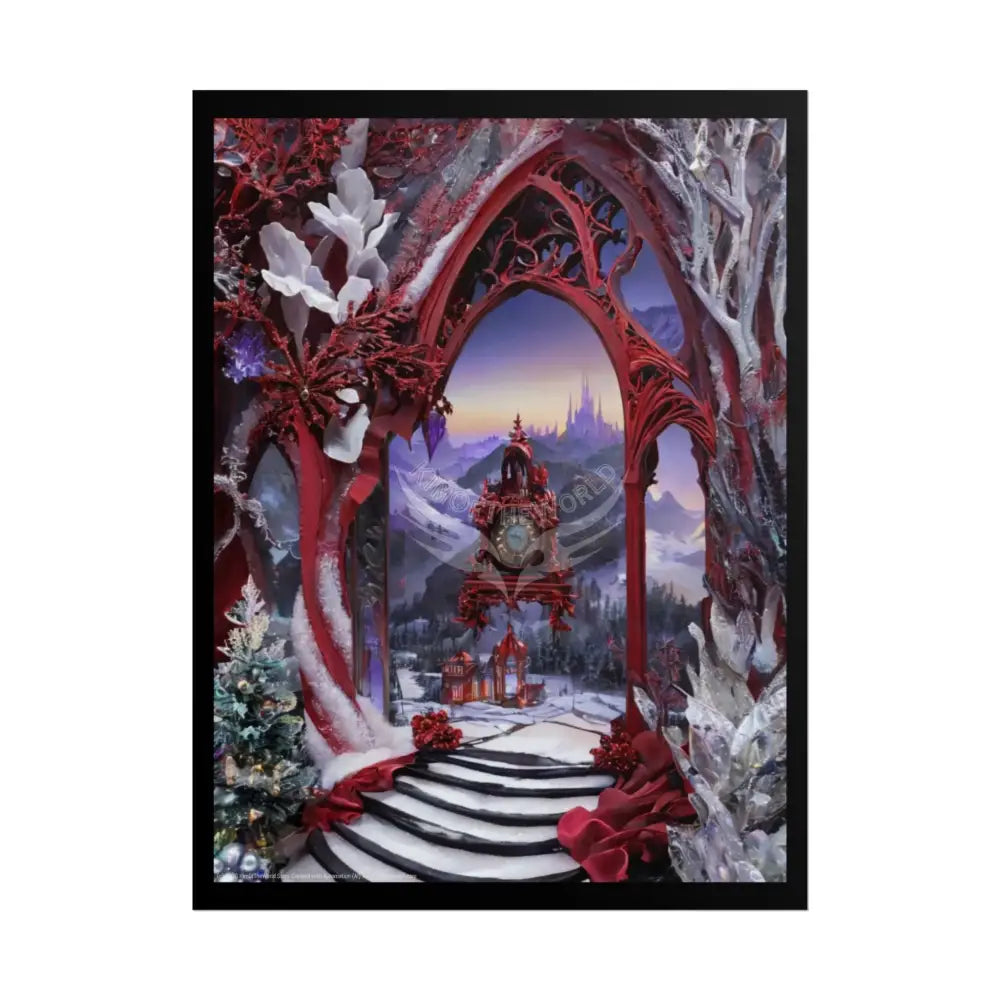 Surreal 3D Winter Red Elemental Ribbon Portal Poster — Funky Balconies & Doors to Other Dimensions 18″ x 24″ (Vertical)