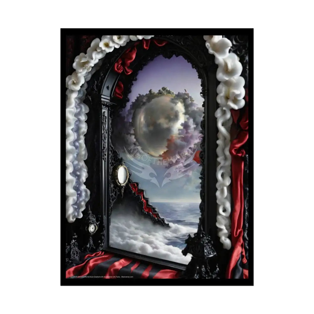Surreal 3D Winter Red Elemental Ribbon Portal Poster — Funky Balconies & Doors to Other Dimensions 18″ x 24″ (Vertical)