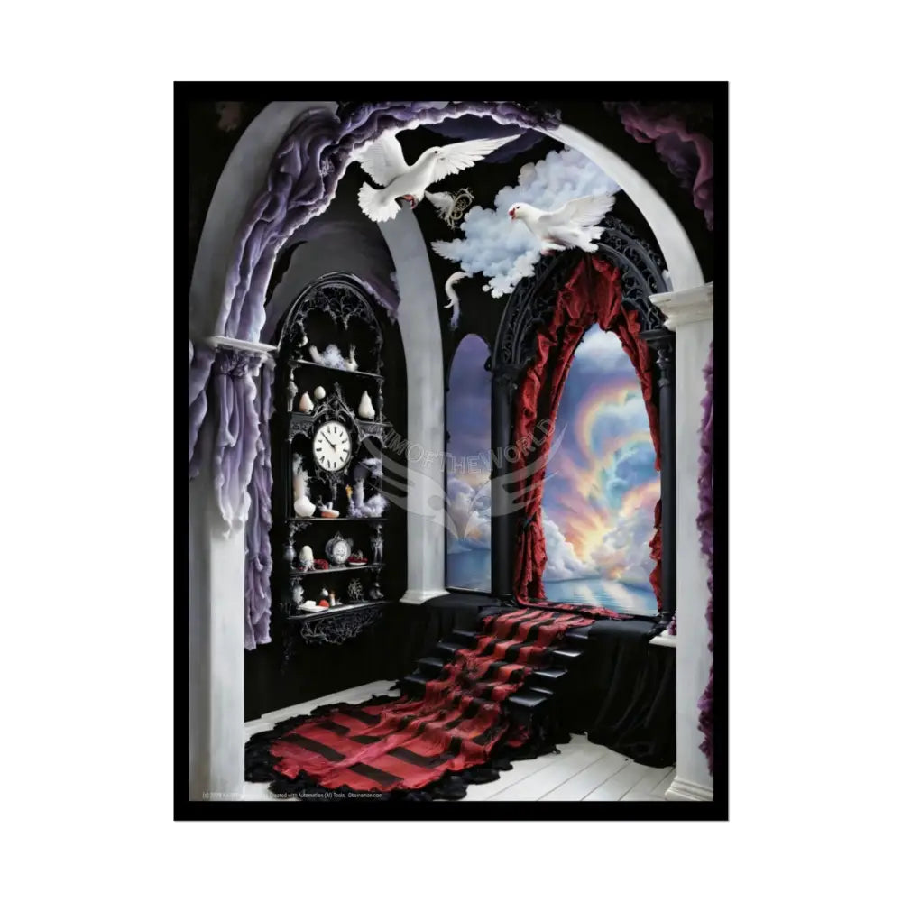 Surreal 3D Winter Red Elemental Ribbon Portal Poster — Funky Balconies & Doors to Other Dimensions 18″ x 24″ (Vertical)