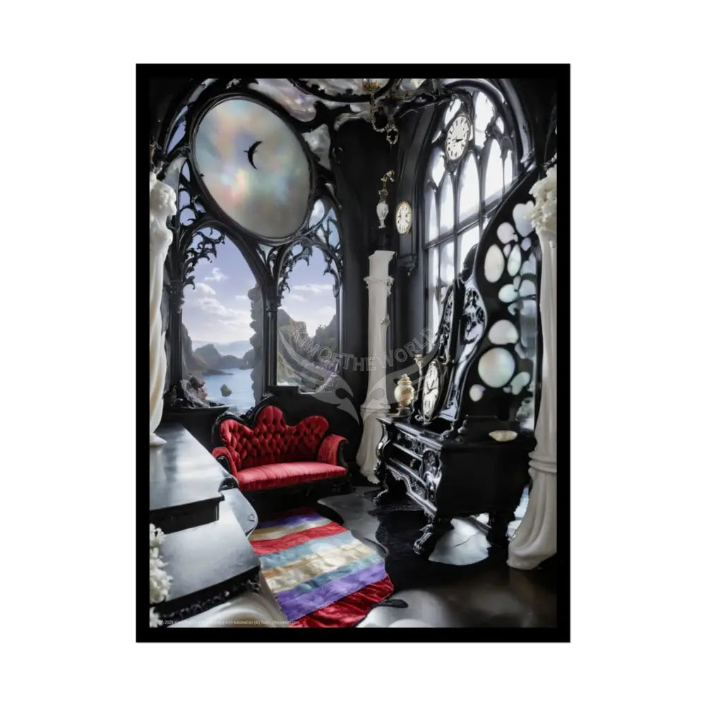 Surreal 3D Winter Red Elemental Ribbon Portal Poster — Funky Balconies & Doors to Other Dimensions 18″ x 24″ (Vertical)