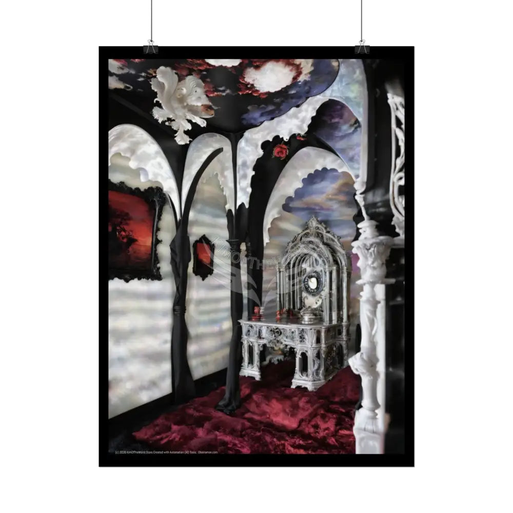 Surreal 3D Winter Red Elemental Ribbon Portal Poster — Funky Balconies & Doors to Other Dimensions Poster
