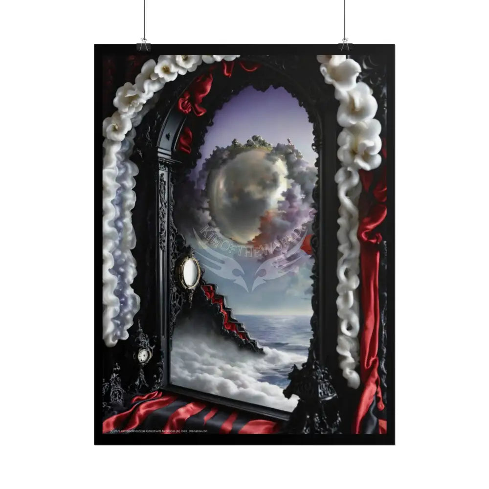 Surreal 3D Winter Red Elemental Ribbon Portal Poster — Funky Balconies & Doors to Other Dimensions Poster