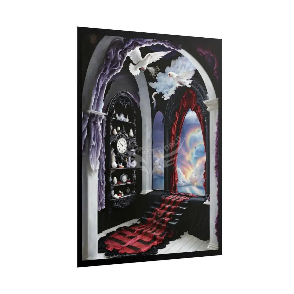 Surreal 3D Winter Red Elemental Ribbon Portal Poster — Funky Balconies & Doors to Other Dimensions Poster