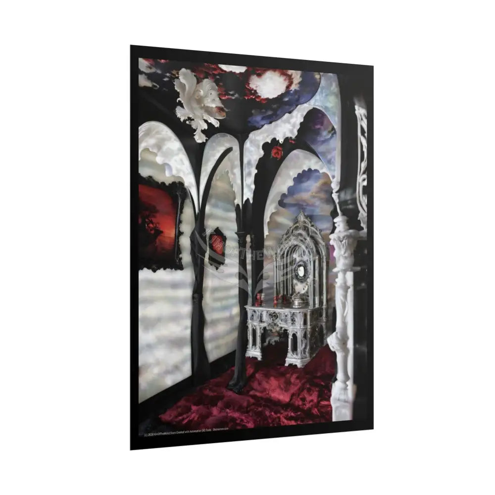 Surreal 3D Winter Red Elemental Ribbon Portal Poster — Funky Balconies & Doors to Other Dimensions Poster