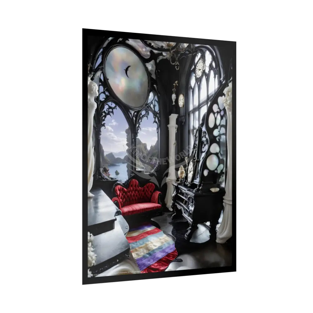Surreal 3D Winter Red Elemental Ribbon Portal Poster — Funky Balconies & Doors to Other Dimensions Poster