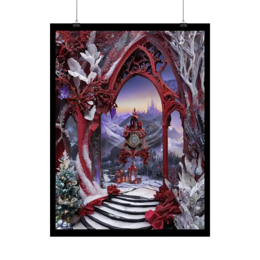 Surreal 3D Winter Red Elemental Ribbon Portal Poster — Funky Balconies & Doors to Other Dimensions Poster
