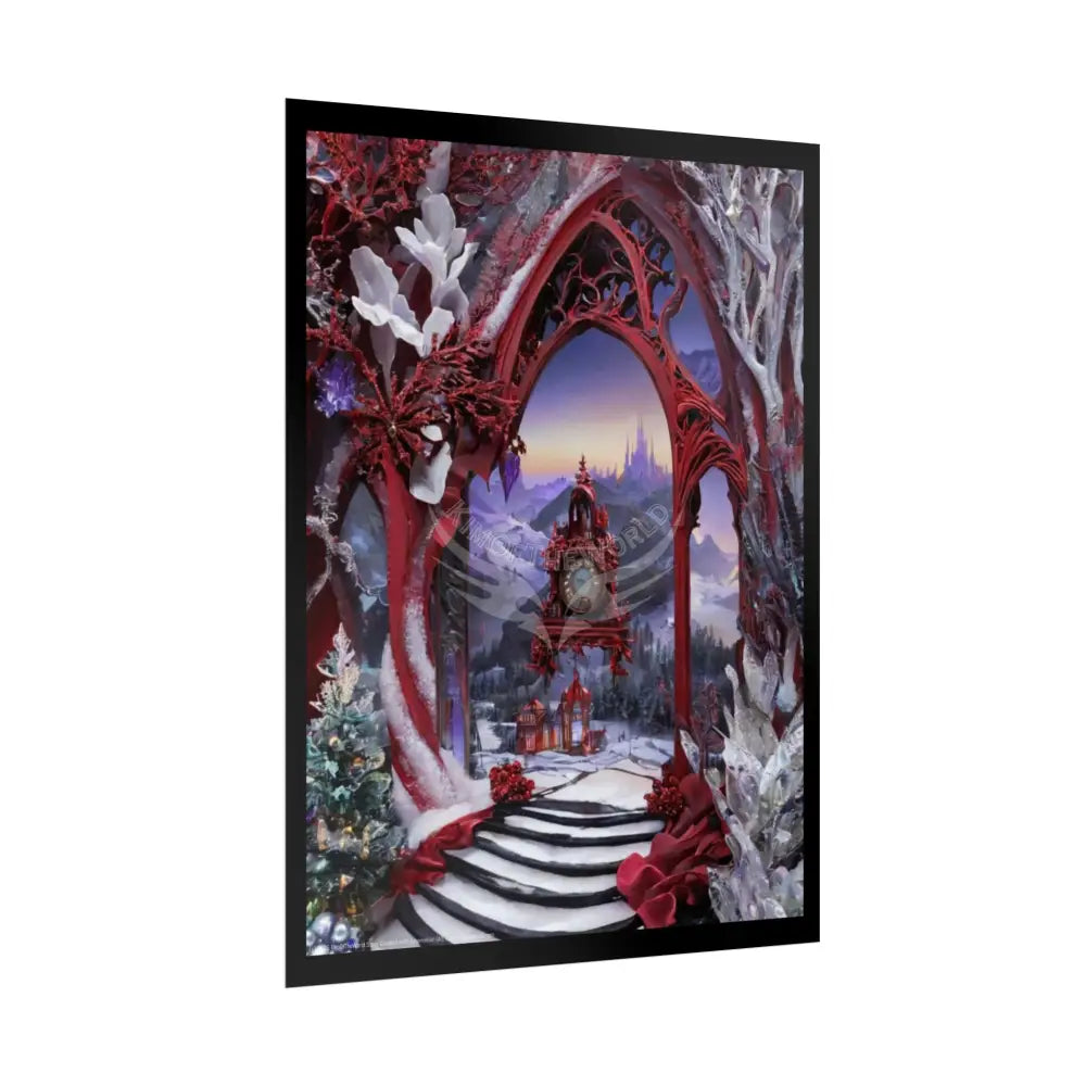 Surreal 3D Winter Red Elemental Ribbon Portal Poster — Funky Balconies & Doors to Other Dimensions Poster