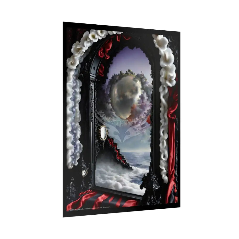 Surreal 3D Winter Red Elemental Ribbon Portal Poster — Funky Balconies & Doors to Other Dimensions Poster