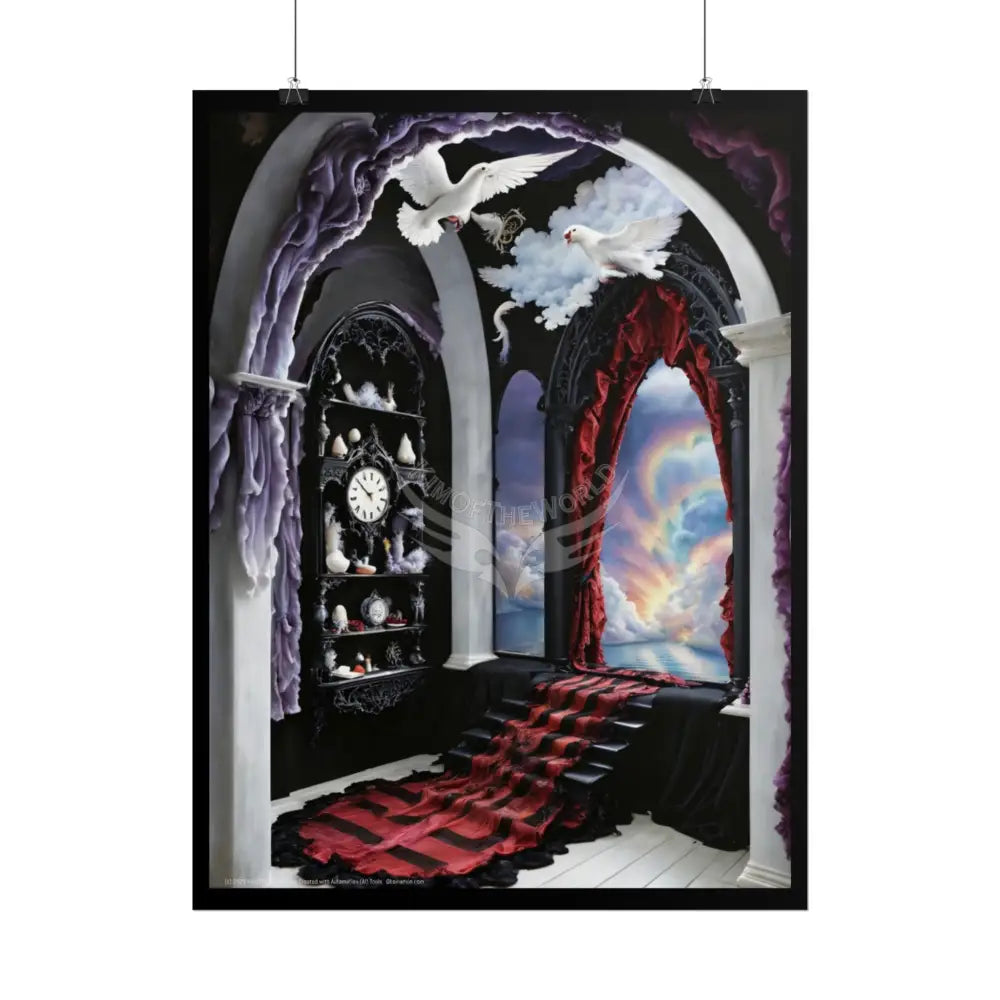 Surreal 3D Winter Red Elemental Ribbon Portal Poster — Funky Balconies & Doors to Other Dimensions Poster