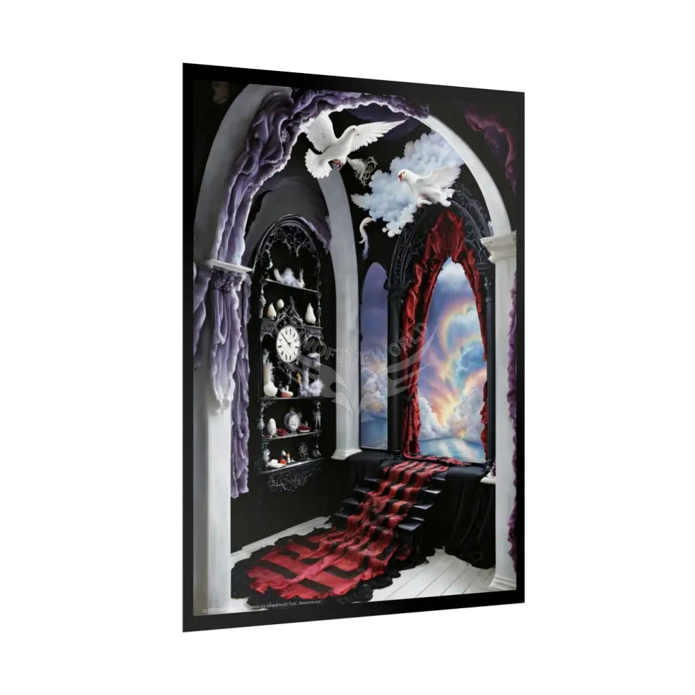 Surreal 3D Winter Red Elemental Ribbon Portal Poster — Funky Balconies & Doors to Other Dimensions Poster
