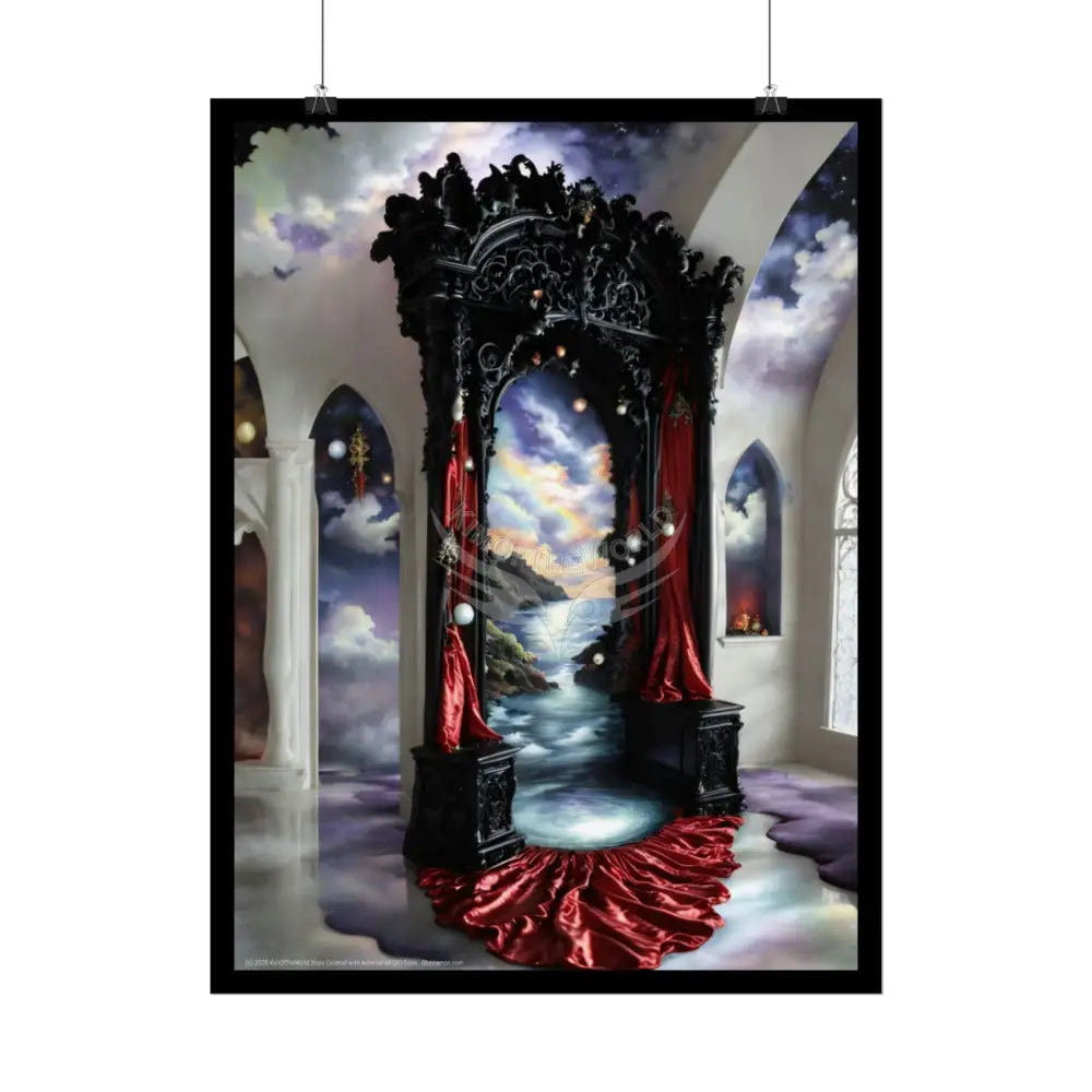 Surreal 3D Winter Red Elemental Ribbon Portal Poster — Funky Balconies & Doors to Other Dimensions Poster