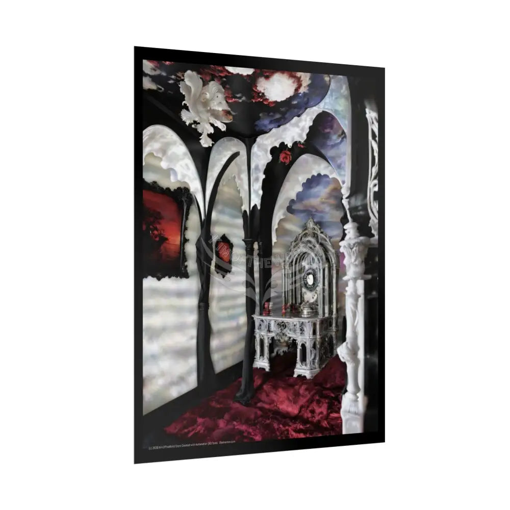 Surreal 3D Winter Red Elemental Ribbon Portal Poster — Funky Balconies & Doors to Other Dimensions Poster