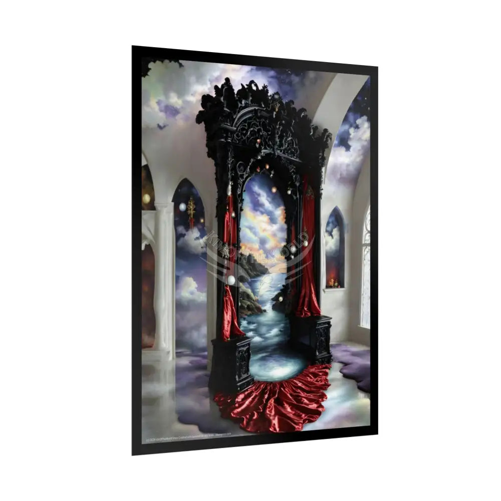 Surreal 3D Winter Red Elemental Ribbon Portal Poster — Funky Balconies & Doors to Other Dimensions Poster