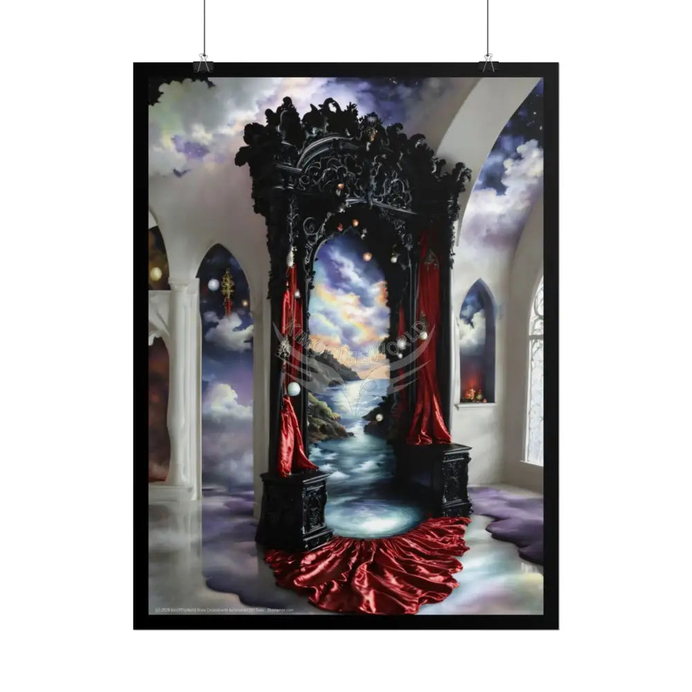 Surreal 3D Winter Red Elemental Ribbon Portal Poster — Funky Balconies & Doors to Other Dimensions Poster