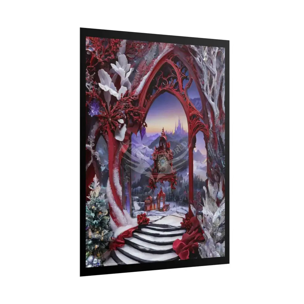 Surreal 3D Winter Red Elemental Ribbon Portal Poster — Funky Balconies & Doors to Other Dimensions Poster