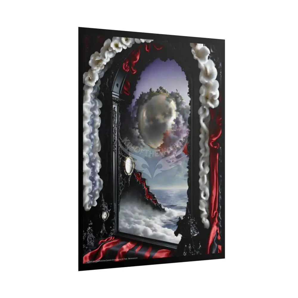 Surreal 3D Winter Red Elemental Ribbon Portal Poster — Funky Balconies & Doors to Other Dimensions Poster