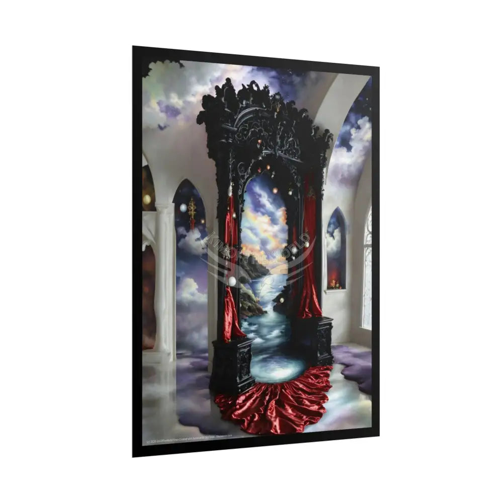 Surreal 3D Winter Red Elemental Ribbon Portal Poster — Funky Balconies & Doors to Other Dimensions Poster
