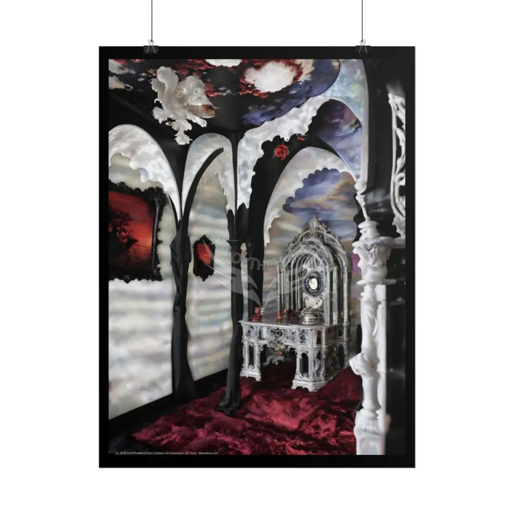 Surreal 3D Winter Red Elemental Ribbon Portal Poster — Funky Balconies & Doors to Other Dimensions Poster