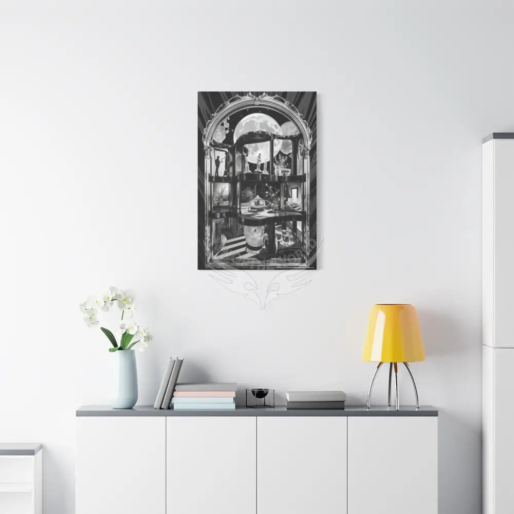 Surreal Black & White Spiral Peace Tower in Gothic Wonderland Canvas — Moonlit Optical Illusion Wall Art Canvas
