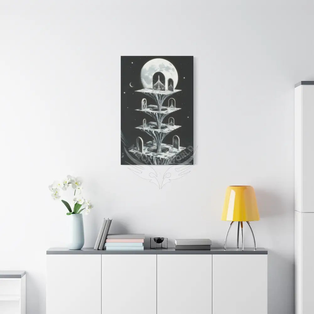 Surreal Black & White Spiral Peace Tower in Gothic Wonderland Canvas — Moonlit Optical Illusion Wall Art Canvas