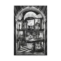 Surreal Black & White Spiral Peace Tower in Gothic Wonderland Canvas — Moonlit Optical Illusion Wall Art 24’’ x 36’’