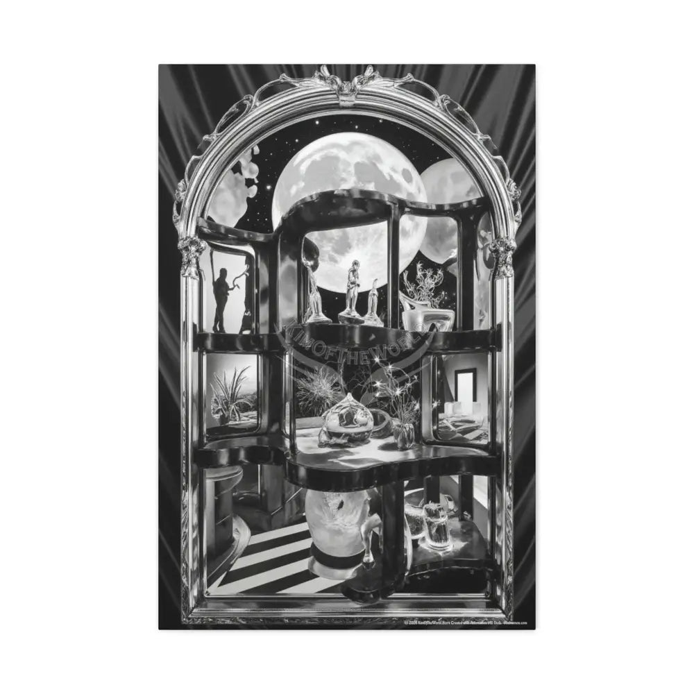 Surreal Black & White Spiral Peace Tower in Gothic Wonderland Canvas — Moonlit Optical Illusion Wall Art 24’’ x 36’’