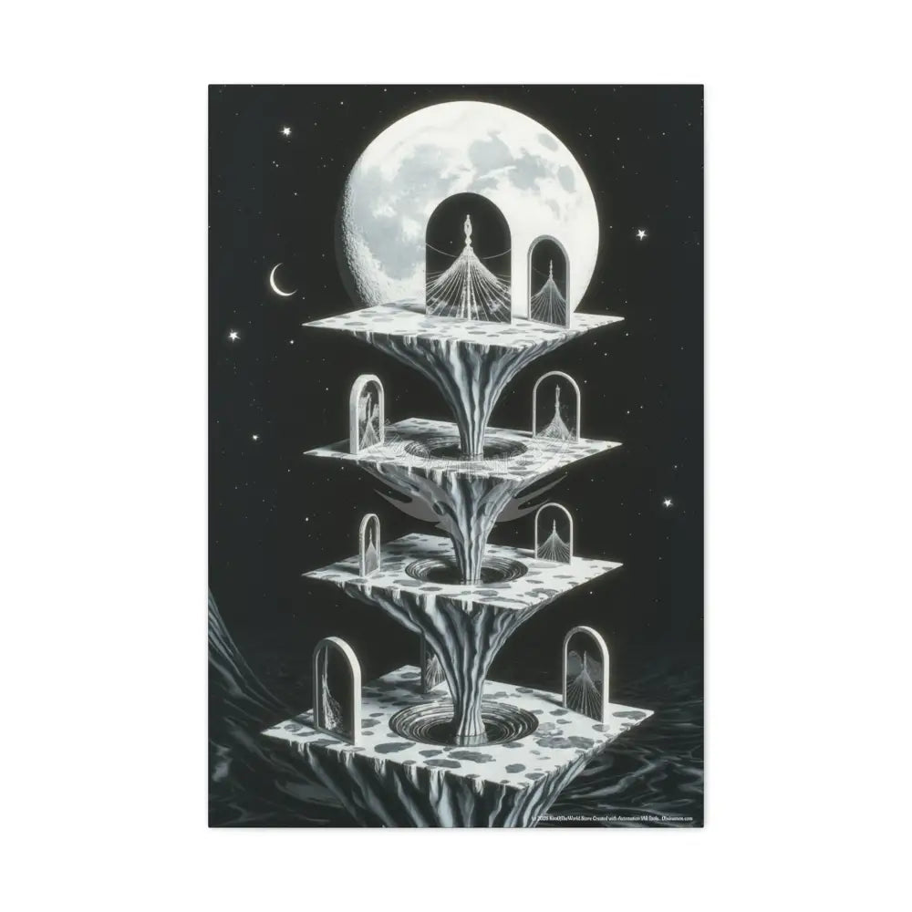 Surreal Black & White Spiral Peace Tower in Gothic Wonderland Canvas — Moonlit Optical Illusion Wall Art 24’’ x 36’’