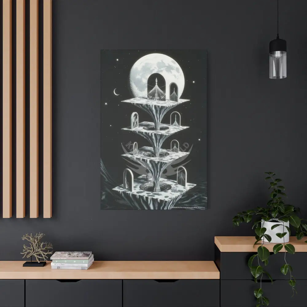 Surreal Black & White Spiral Peace Tower in Gothic Wonderland Canvas — Moonlit Optical Illusion Wall Art Canvas