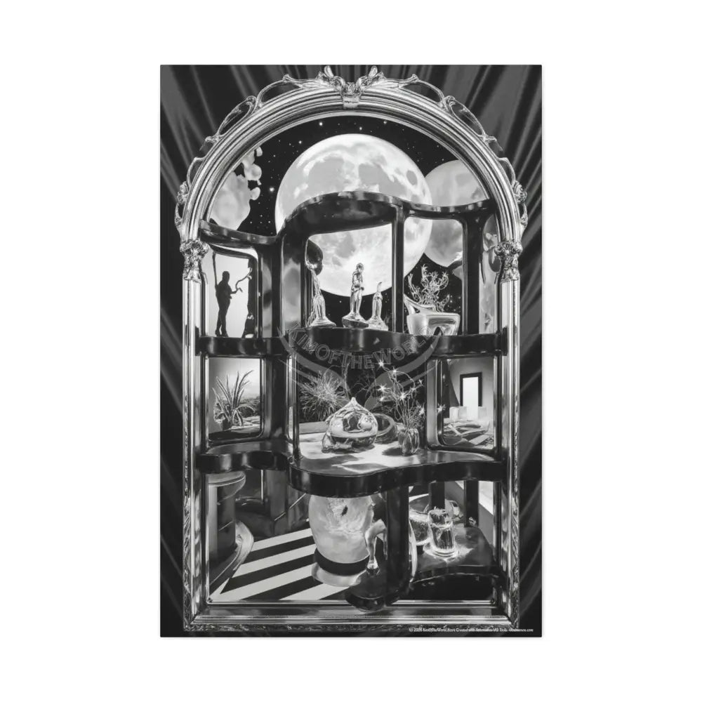 Surreal Black & White Spiral Peace Tower in Gothic Wonderland Canvas — Moonlit Optical Illusion Wall Art 32″ x 48″