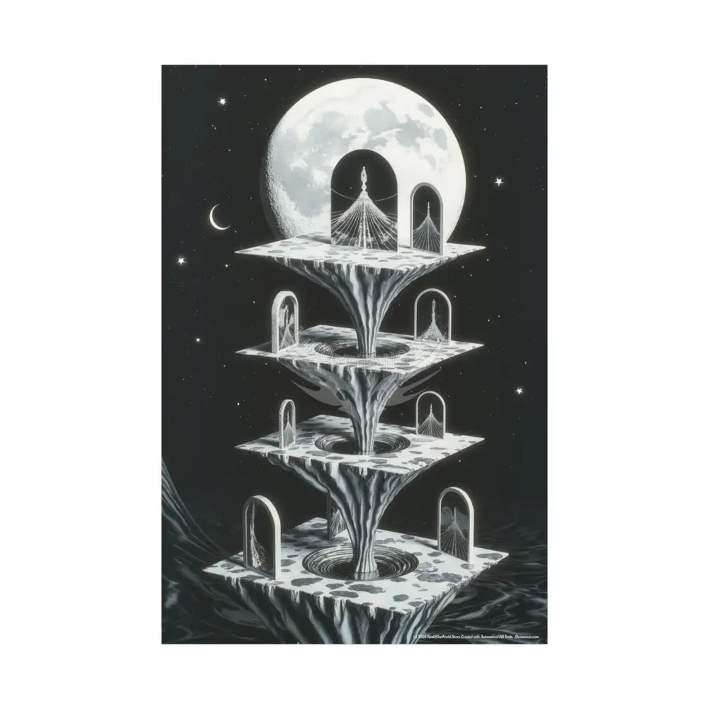 Surreal Black & White Spiral Peace Tower in Gothic Wonderland Canvas — Moonlit Optical Illusion Wall Art 40’’ x 60’’