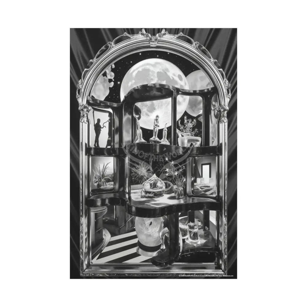 Surreal Black & White Spiral Peace Tower in Gothic Wonderland Canvas — Moonlit Optical Illusion Wall Art 40’’ x 60’’