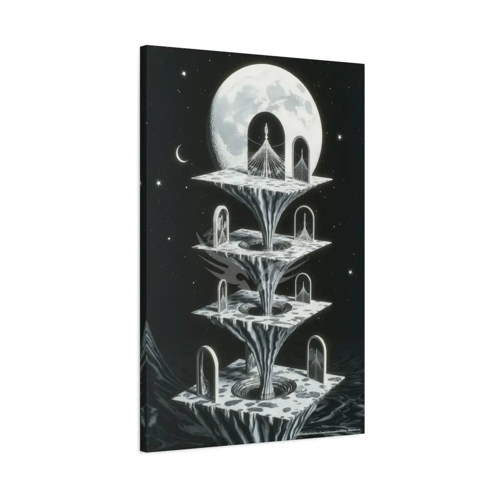 Surreal Black & White Spiral Peace Tower in Gothic Wonderland Canvas — Moonlit Optical Illusion Wall Art Canvas