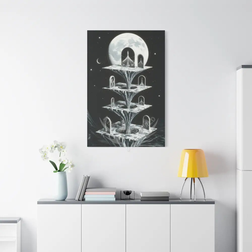 Surreal Black & White Spiral Peace Tower in Gothic Wonderland Canvas — Moonlit Optical Illusion Wall Art Canvas