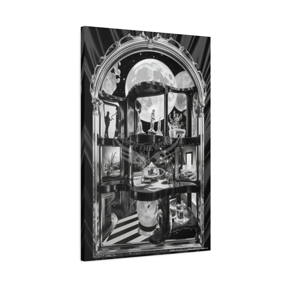 Surreal Black & White Spiral Peace Tower in Gothic Wonderland Canvas — Moonlit Optical Illusion Wall Art Canvas