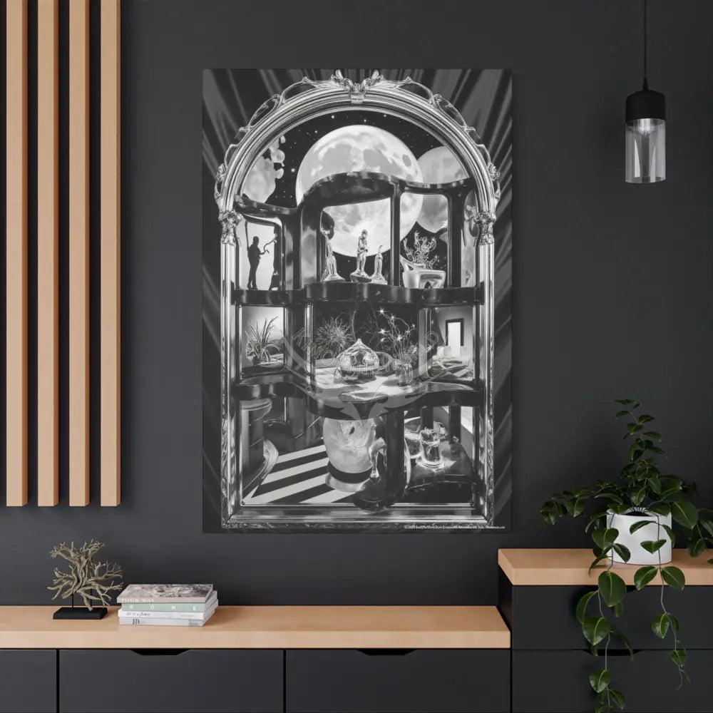 Surreal Black & White Spiral Peace Tower in Gothic Wonderland Canvas — Moonlit Optical Illusion Wall Art Canvas