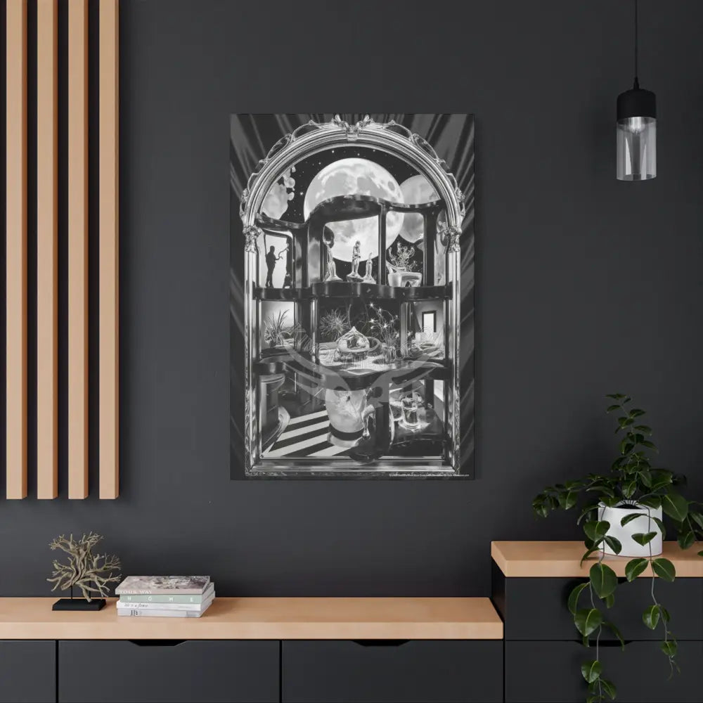 Surreal Black & White Spiral Peace Tower in Gothic Wonderland Canvas — Moonlit Optical Illusion Wall Art Canvas