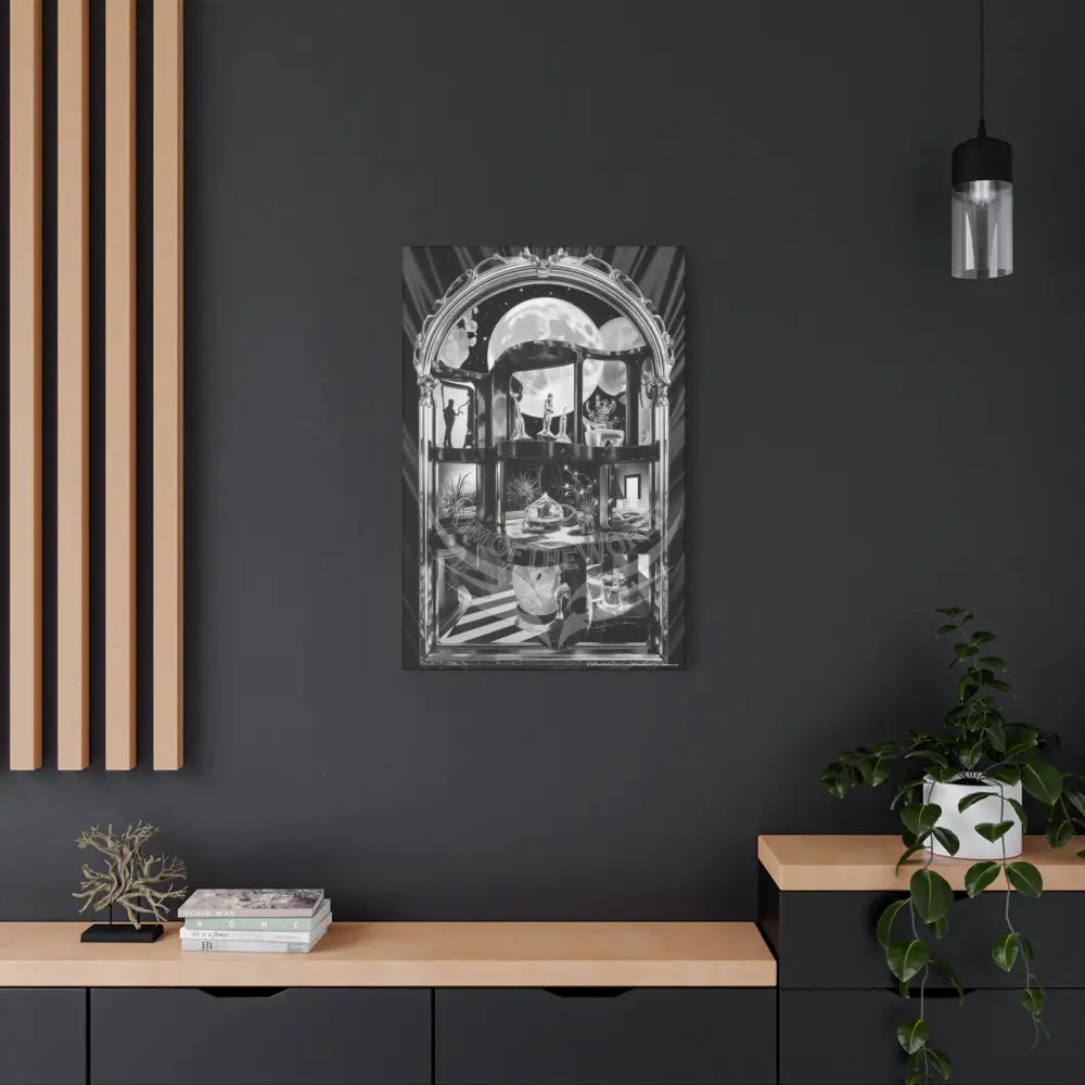 Surreal Black & White Spiral Peace Tower in Gothic Wonderland Canvas — Moonlit Optical Illusion Wall Art Canvas