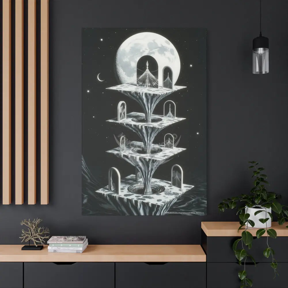 Surreal Black & White Spiral Peace Tower in Gothic Wonderland Canvas — Moonlit Optical Illusion Wall Art Canvas