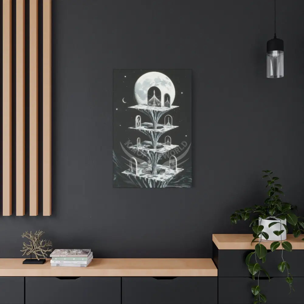 Surreal Black & White Spiral Peace Tower in Gothic Wonderland Canvas — Moonlit Optical Illusion Wall Art Canvas