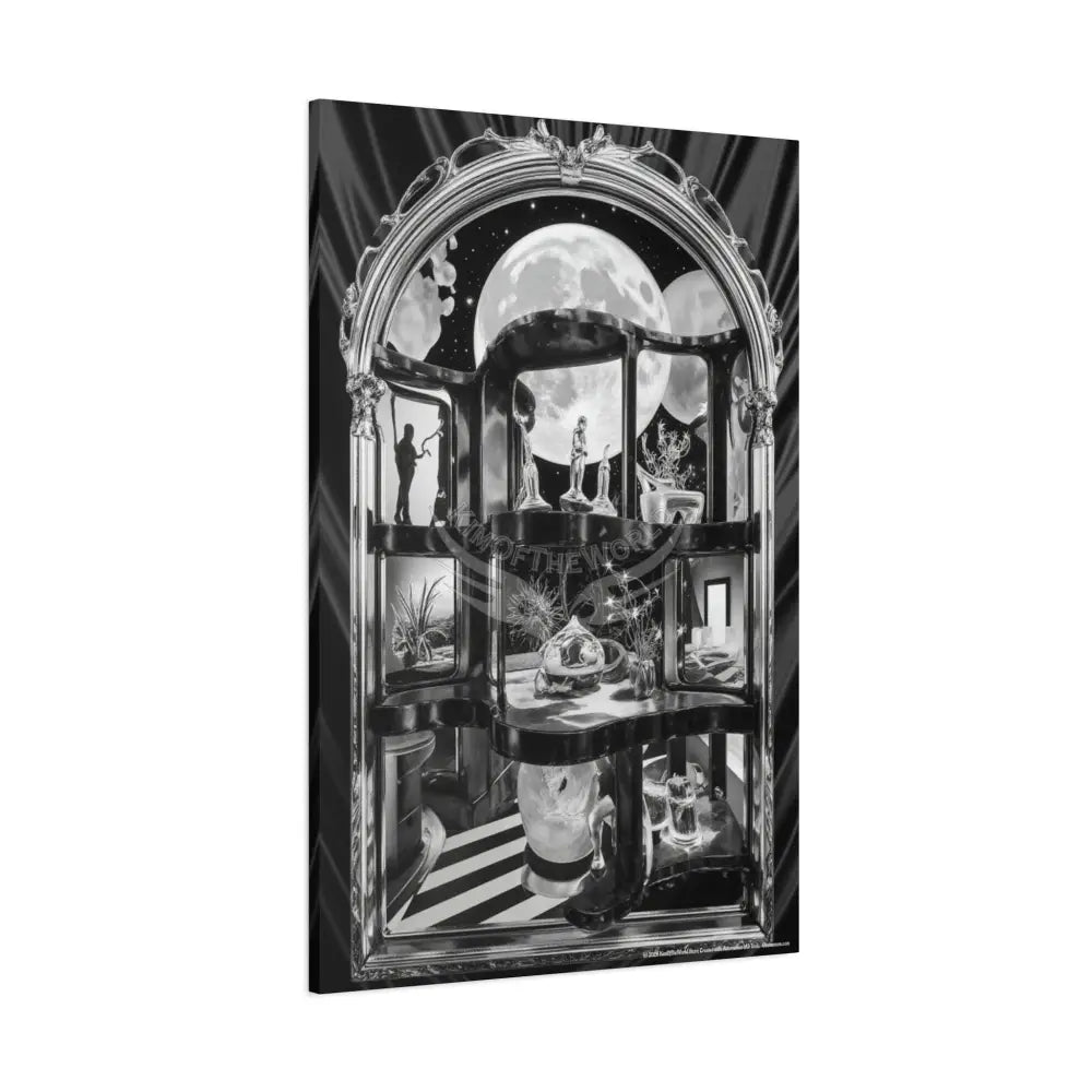 Surreal Black & White Spiral Peace Tower in Gothic Wonderland Canvas — Moonlit Optical Illusion Wall Art Canvas