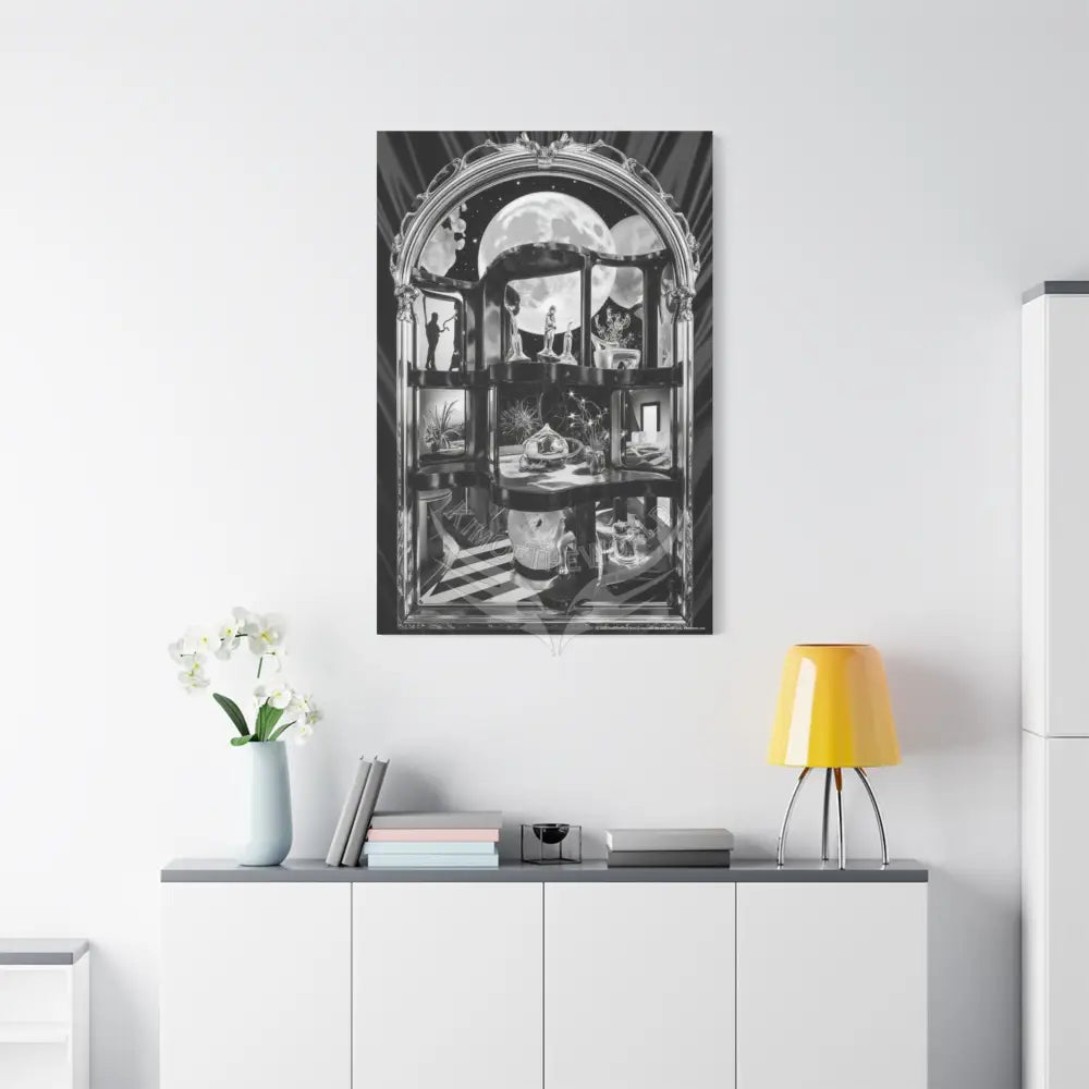 Surreal Black & White Spiral Peace Tower in Gothic Wonderland Canvas — Moonlit Optical Illusion Wall Art Canvas