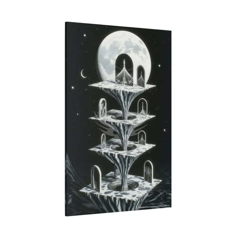 Surreal Black & White Spiral Peace Tower in Gothic Wonderland Canvas — Moonlit Optical Illusion Wall Art Canvas