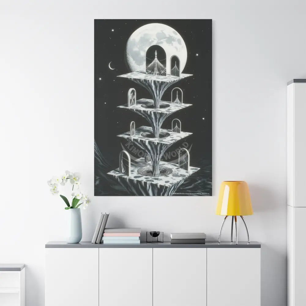 Surreal Black & White Spiral Peace Tower in Gothic Wonderland Canvas — Moonlit Optical Illusion Wall Art Canvas