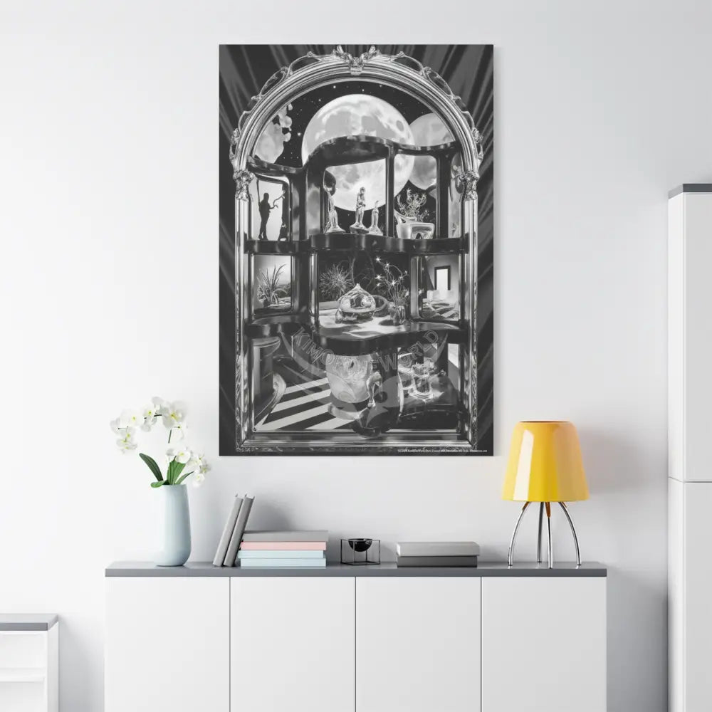 Surreal Black & White Spiral Peace Tower in Gothic Wonderland Canvas — Moonlit Optical Illusion Wall Art Canvas