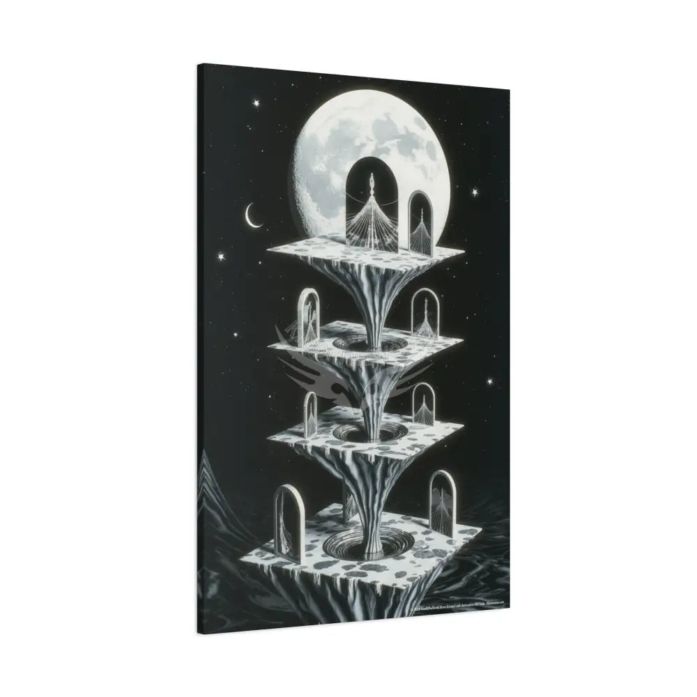 Surreal Black & White Spiral Peace Tower in Gothic Wonderland Canvas — Moonlit Optical Illusion Wall Art Canvas
