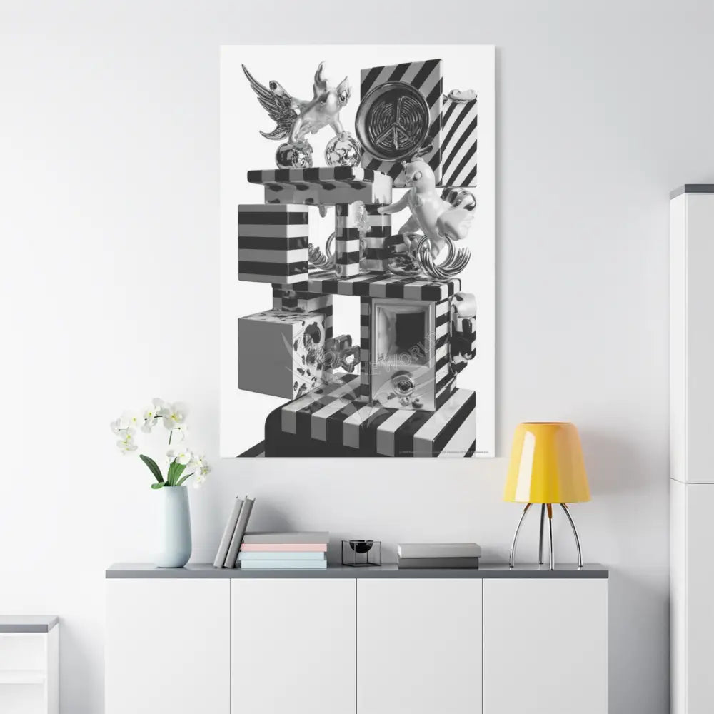 Surreal Black & White Spiral Tower in Gothic Wonderland Canvas — Moonlit Optical Illusion Wall Art Canvas