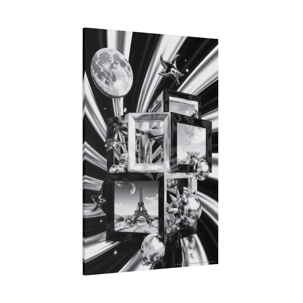 Surreal Black & White Spiral Tower in Gothic Wonderland Canvas — Moonlit Optical Illusion Wall Art Canvas